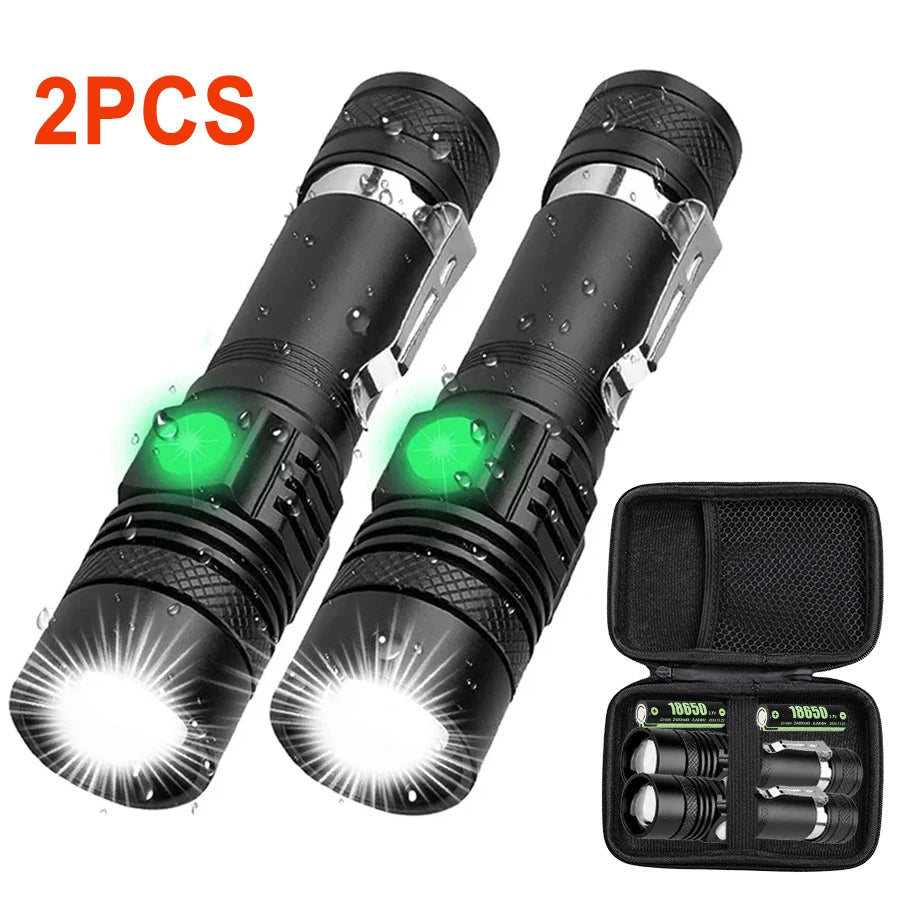 Powerful LED Flashlight with Clip Portable Telescopic Zoom Rechargeable Defense Flashligh For Outdoor Camping Hiking Cycling