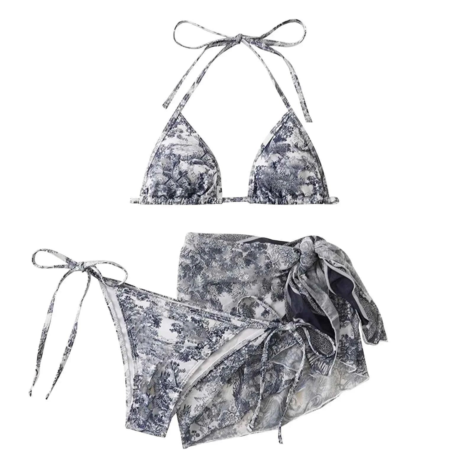 Women's 3 Piece Ink Wash Tie Dye Bikini Set With Sheer Sunscreen Poncho Swimsuit Thong Biquinis Sports Beachwear