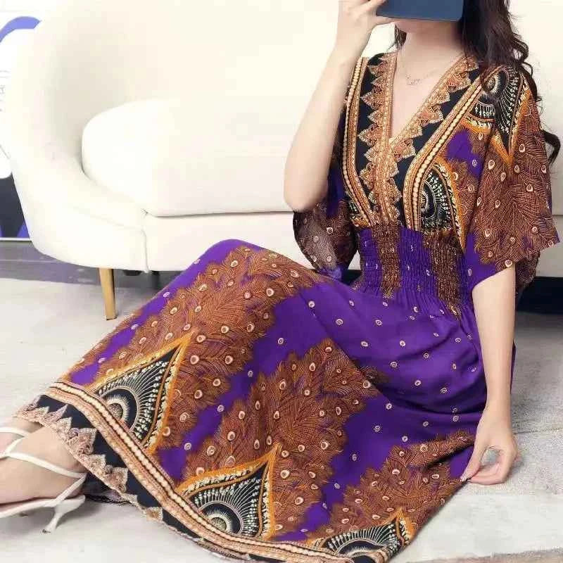 Colorful Flower V-neck Elastic Youthful Bohemian Sweet Midi Dress Woman Clothes Chic Fashion Summer Dresses 2025 Large Swing Ski