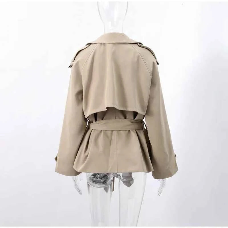 Cropped Lace-up Blue Casual Trench Coat Women Lapel Long Sleeve Wide Shoulder Windbreaker Jacket Fall Commute Daily Streetwear