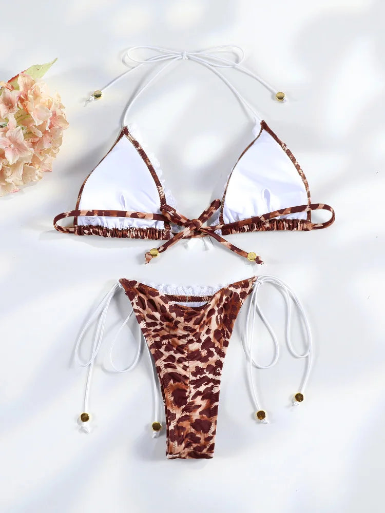Sexy Bikinis Micro Thongs Swimsuit Women Bathing Suit Rings Biquini Bandage Beachwear Print Swimwear Sexy Bikini Sets With Chain