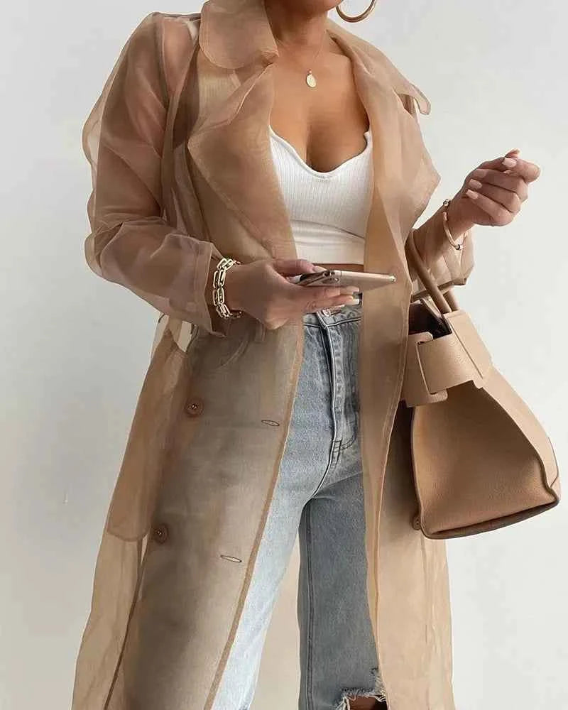 Joskaa Solid Organza See Through Lapel Full Sleeve Trench 2023 Summer Women Fashion Buttoned Coat with Belt Elegant Shirts