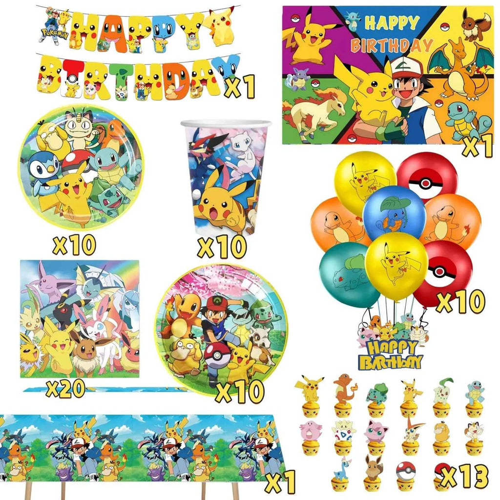 Pokemons Party Birthday Decoration Happy Pikachu Theme Tableware Cups Plates Balloons Banner Supplies Kids Favors Baby Shower