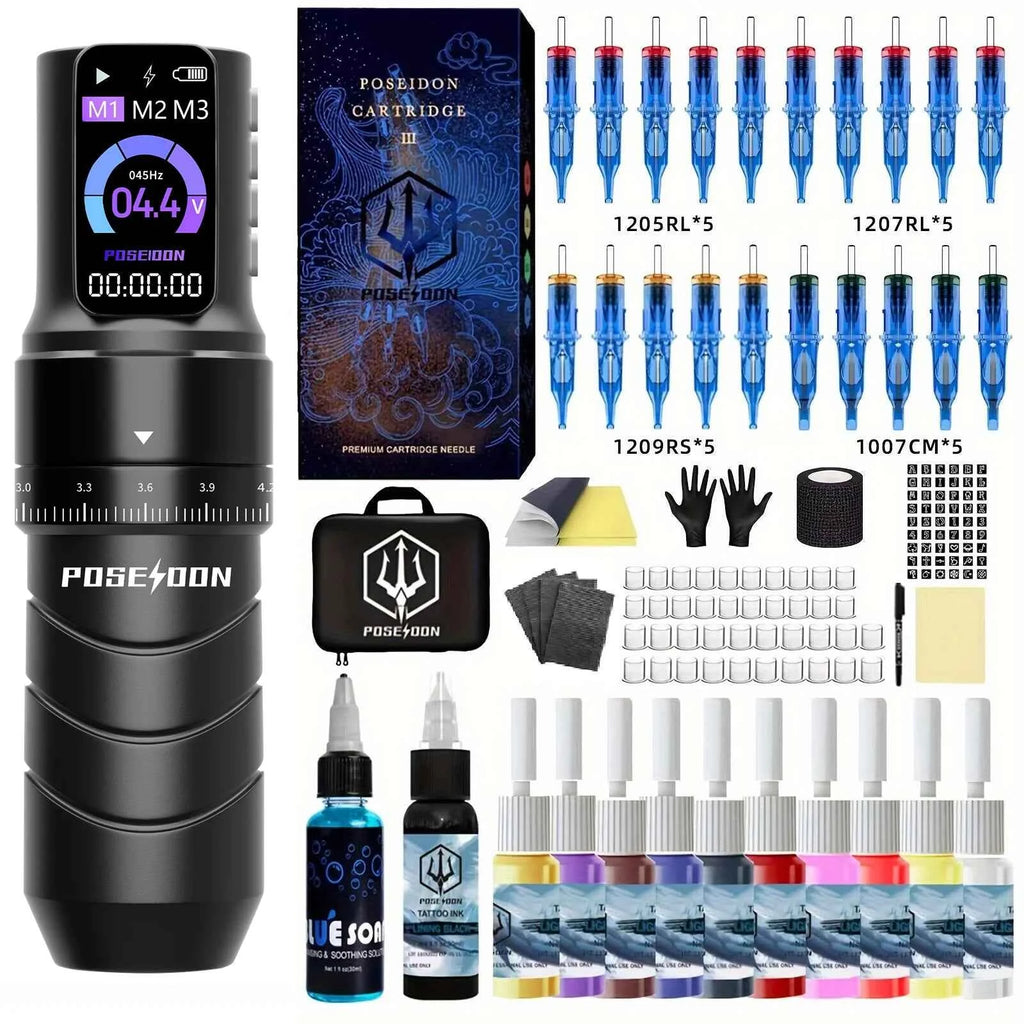 POSEIDON Tattoo Kit Professional Tattoo Pen Kit For Permanent Makeup Tattoo Machine Kit Wireless Power Supply Tattoo Gun Kit