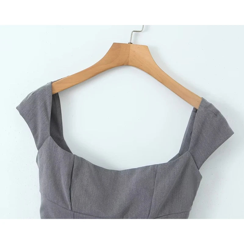 YENKYE Y2K Women Lace Up Bandage Back Gray Crop Top Short Sleeve Square Neck Ladies Sexy Chic Tops