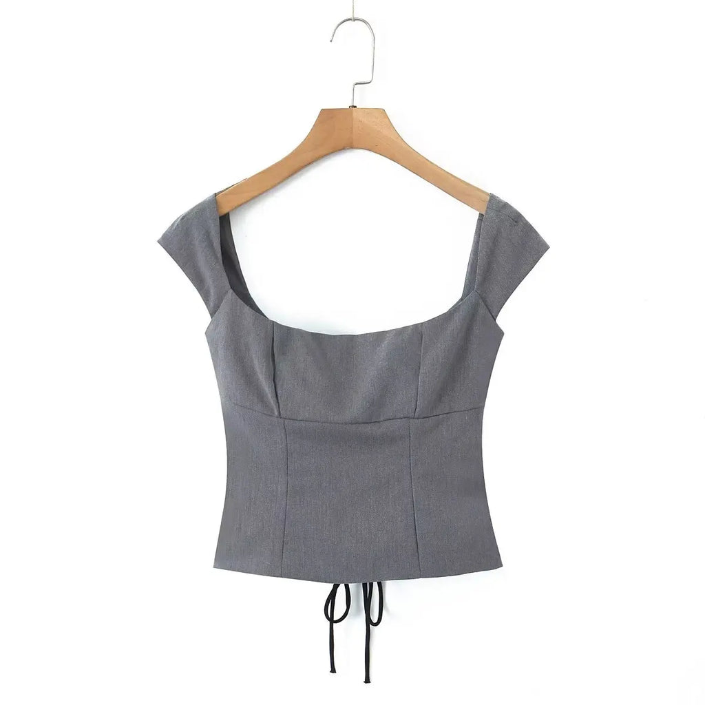 YENKYE Y2K Women Lace Up Bandage Back Gray Crop Top Short Sleeve Square Neck Ladies Sexy Chic Tops