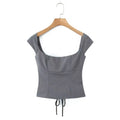 YENKYE Y2K Women Lace Up Bandage Back Gray Crop Top Short Sleeve Square Neck Ladies Sexy Chic Tops