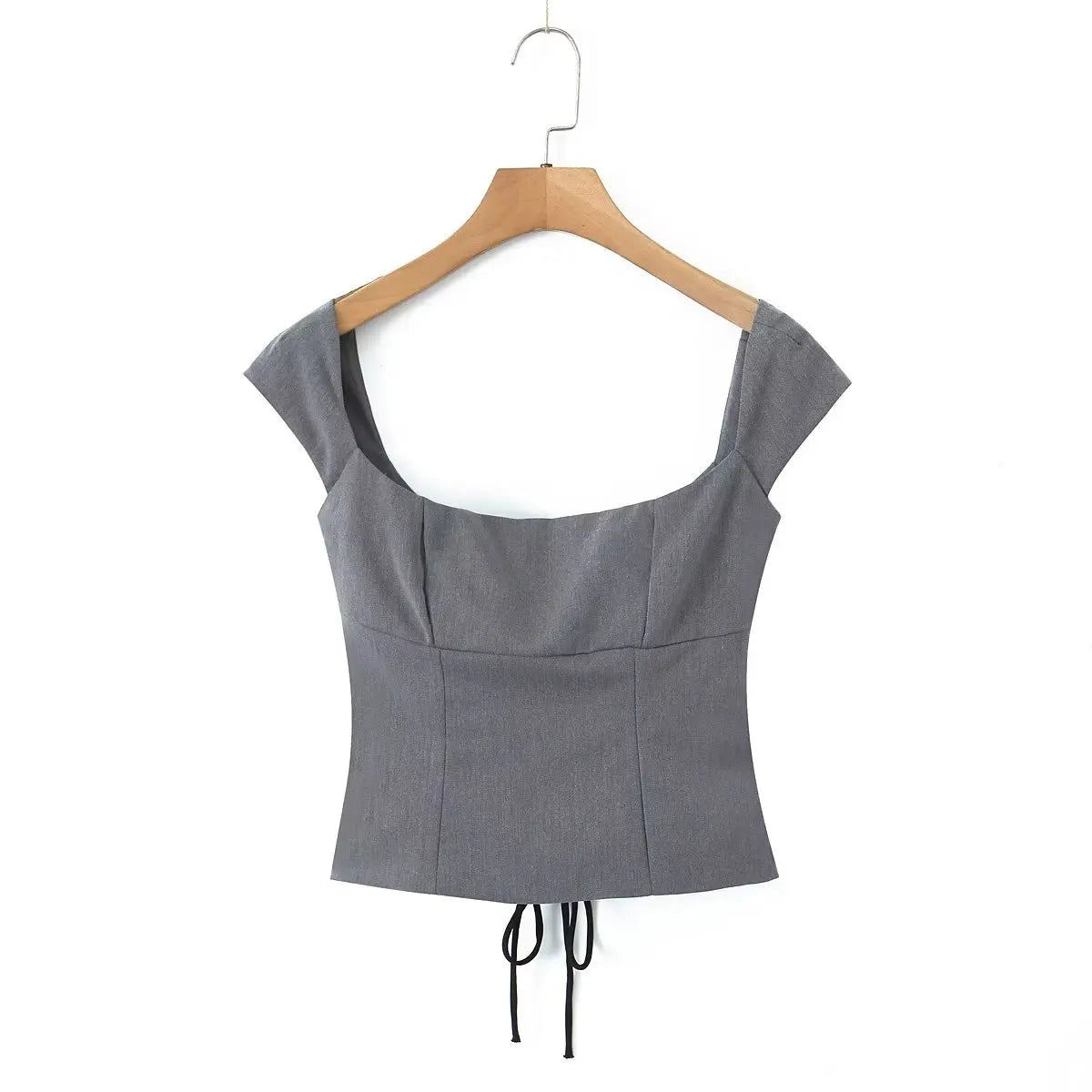 YENKYE Y2K Women Lace Up Bandage Back Gray Crop Top Short Sleeve Square Neck Ladies Sexy Chic Tops