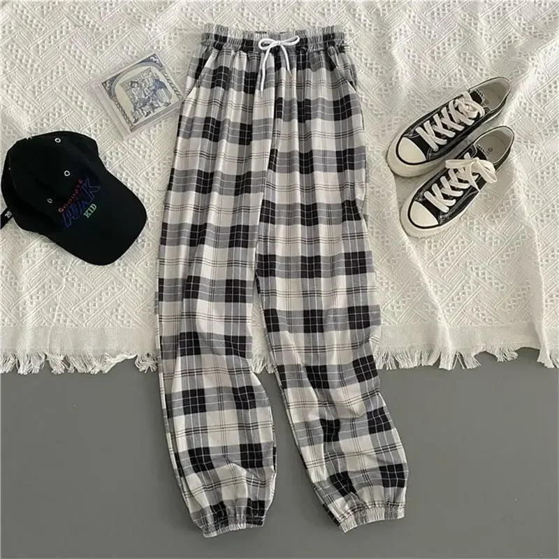 2024 New Fashion Casual Pants for Women Korean Loose Black Plaid Summer Harajuku Harem Long Pants Streetwear Trousers Chic