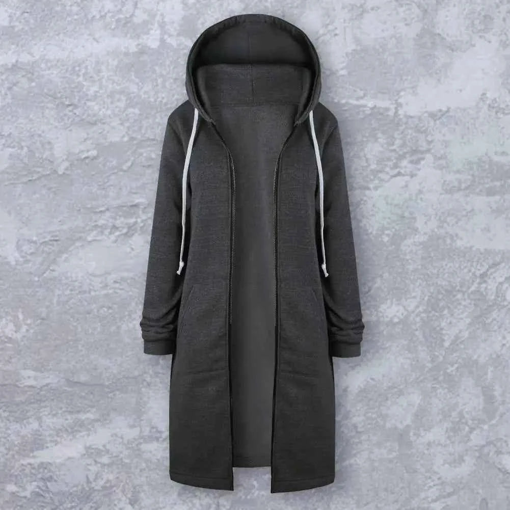Plush Hooded Drawstring Women Jacket Thick Long Sleeves Zip Up Knee Length Autumn Coat Hooded Long Loose Winter Sweatshirt