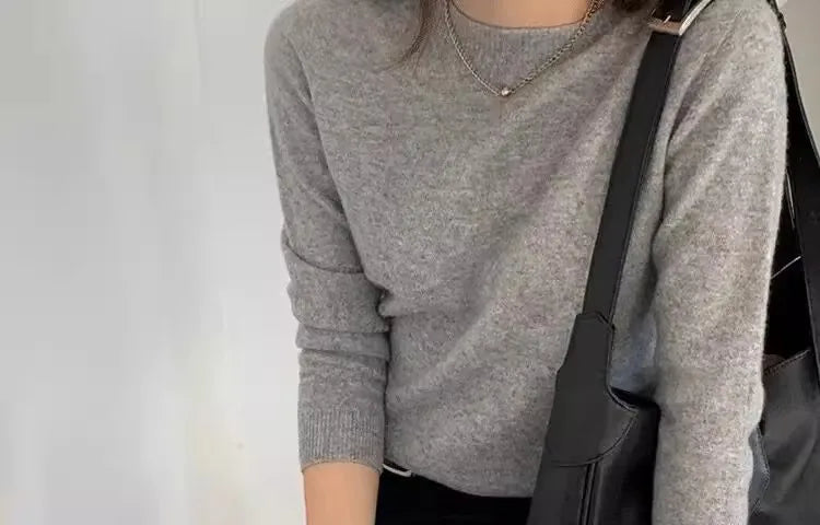 100% pure cashmere sweater women's round neck pullover long sleeve sweater loose short soft waxy knit bottom sweater