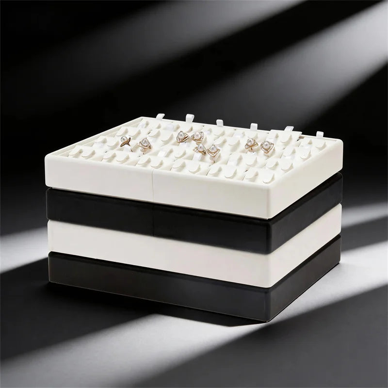 Stackable Leather Ring & Earring Tray - 25x20cm Black White Storage Box with Lid - Jewelry Organizer