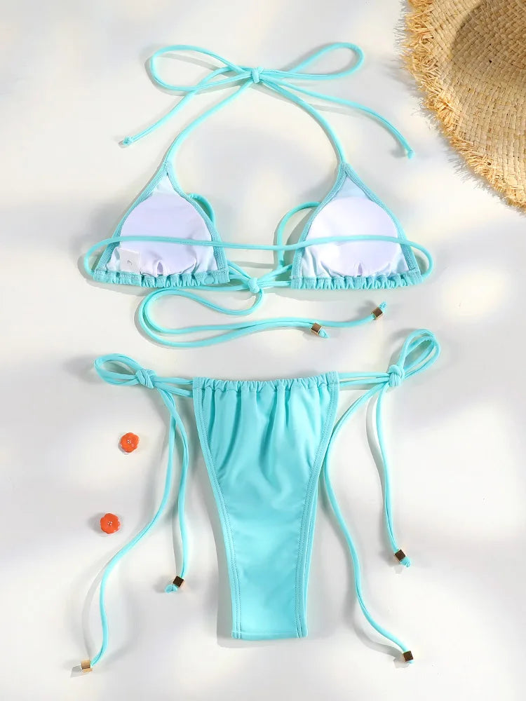 Sexy Bikinis Micro Thongs Swimsuit Women Bathing Suit Rings Biquini Bandage Beachwear Print Swimwear Sexy Bikini Sets With Chain