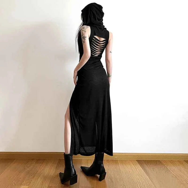 Summer 2023 Sexy European And American Style Sleeveless Hooded Dress Long Split Hollow out Pure Color Women's Gown