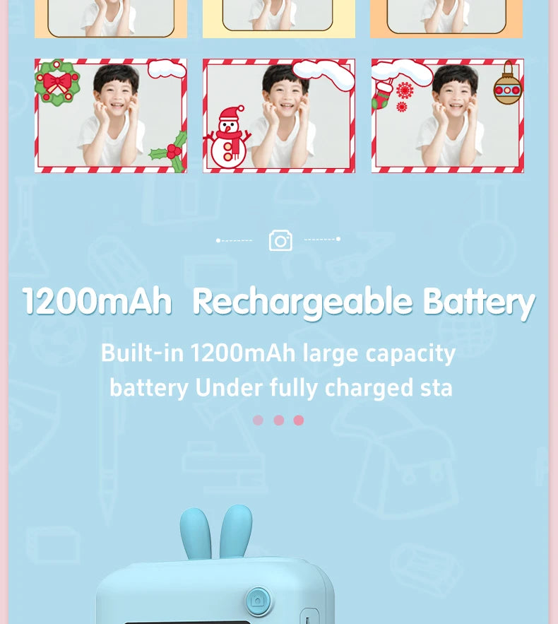 Kids Photo Camera Printer with Game Cute Bunny Mini Digital Video Child Instant Print Camera 4-12 Years Kids Girls Boyes Gifts