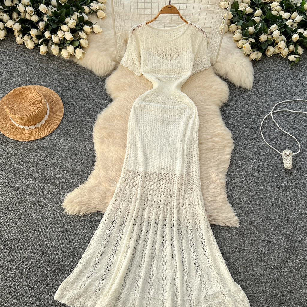 Women Hollow Knitted Dress Summer Flower Short Sleeved Fishtail Bodycon Dress with Camisole Dresses Vintage Party Long Robe