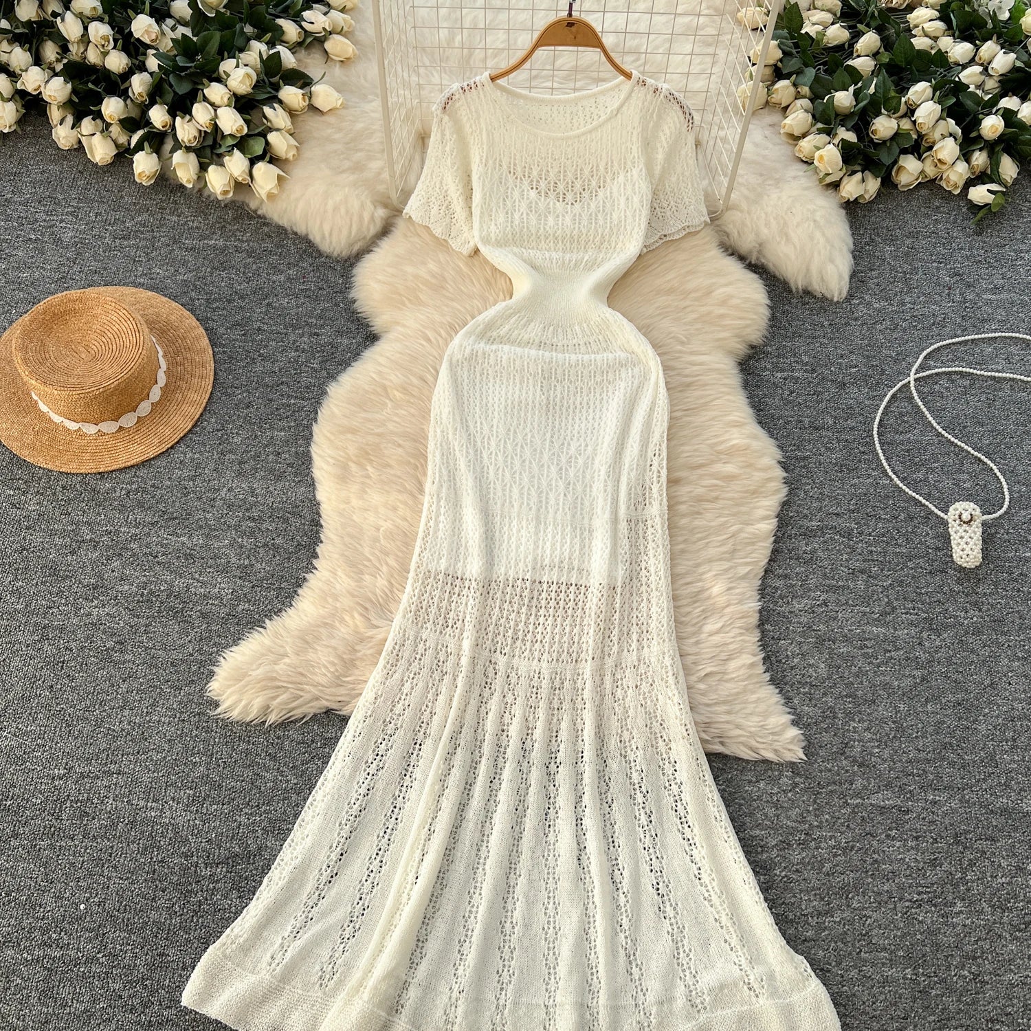 Women Hollow Knitted Dress Summer Flower Short Sleeved Fishtail Bodycon Dress with Camisole Dresses Vintage Party Long Robe