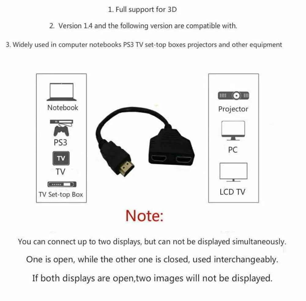 HD 1080P Dual Port 1 in 2 Out Cable HDMI Splitter Male To Female HDTV Adapter For Laptop TV Box Monitor HDMI-Compatible Splitter