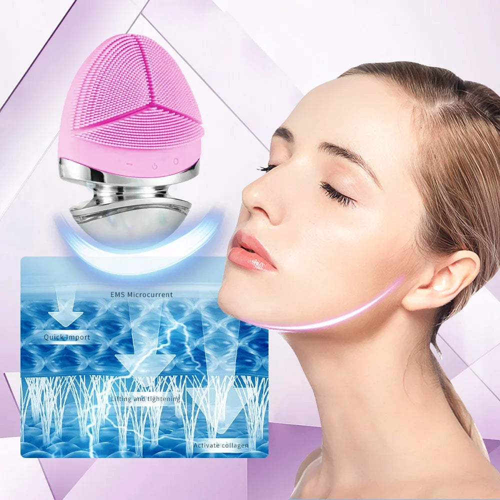 2 in 1 Electric silicone EMS LED 3 Modes Facial Cleansing Brush Introducer Beauty Device Ultrasonic Face Cleaning Massage Tool