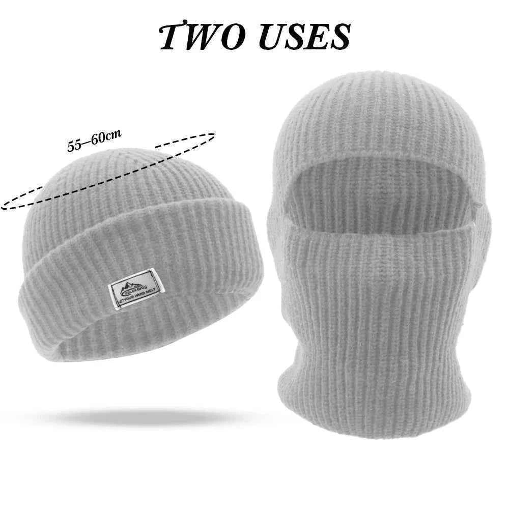 2 in1 Winter Mask Beanies Hats Warm Knitted Balaclava Hats Windproof Solid Full Face Ski Bonnet Tactical Cycling Earmuffs Cap