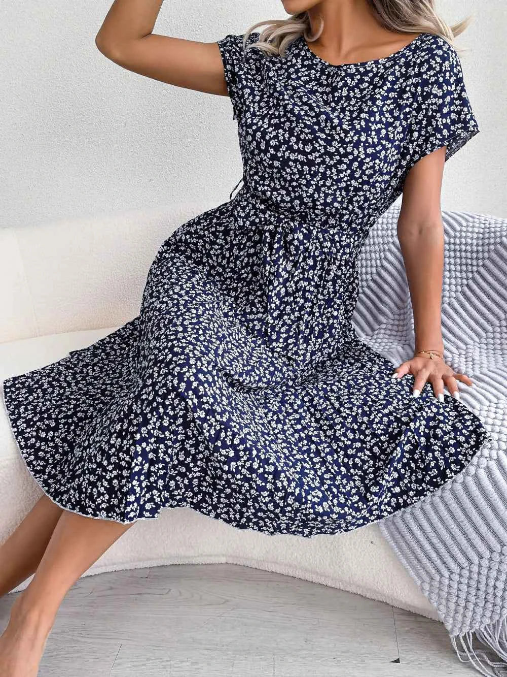 Ficusrong Fashion Floral Pleated A Line Long Dress Women Spring Summer Short Sleeve High Waist Chic Dress