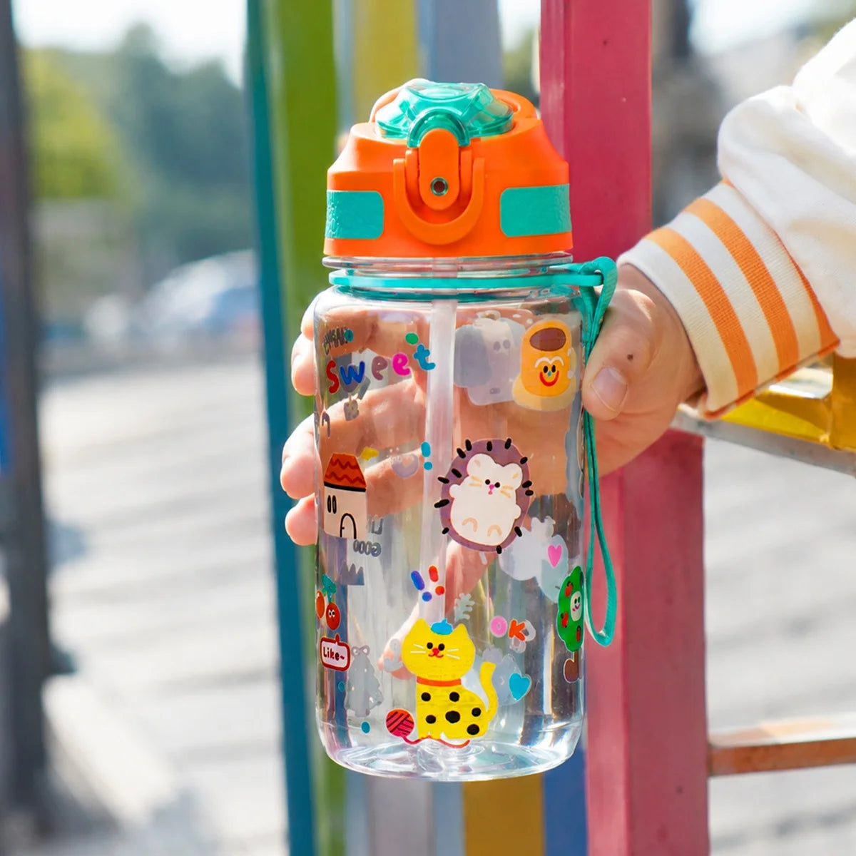 600ml Water Bottle With Straw Leakproof Flip Cap Cute Animal Print Portable Hanging Rope School Outdoor Sports Drinking Plastic