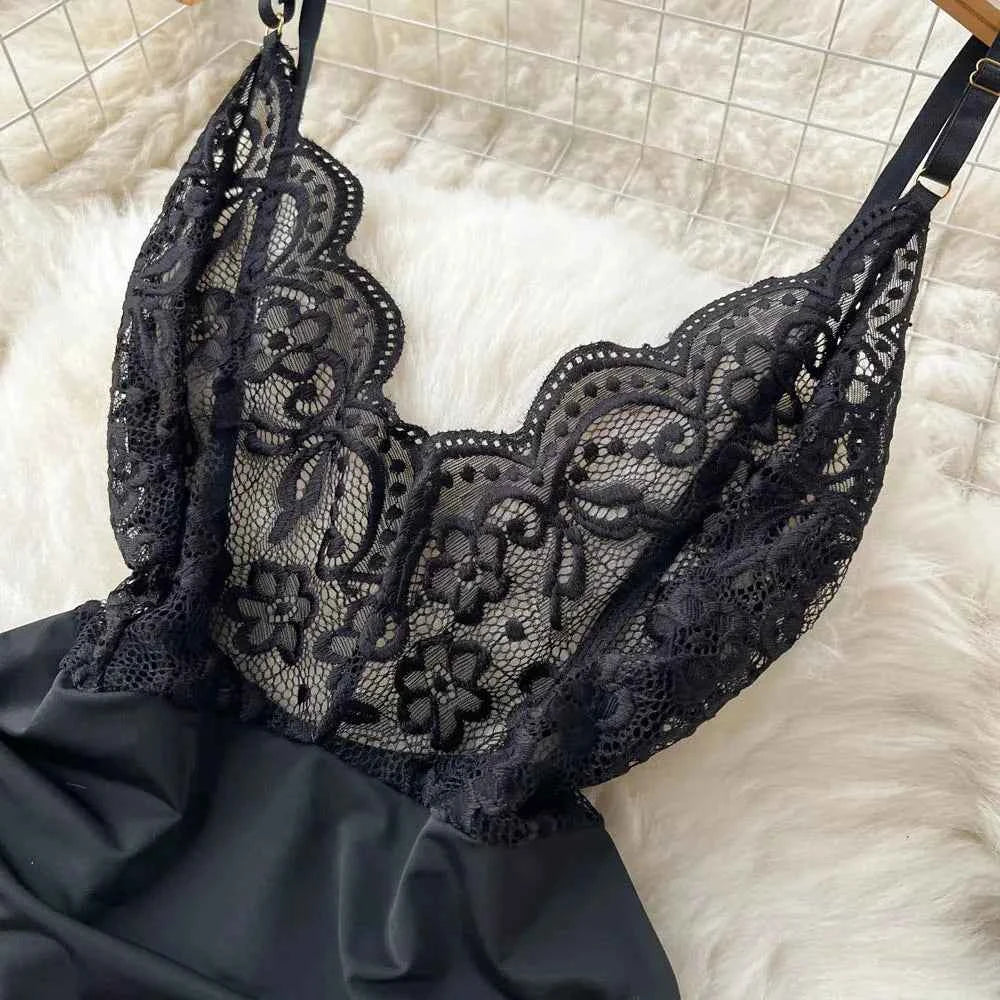 Women's V-neck Sexy Elegant Lace Camisole Jumpsuit Hollowed Transparent Tight Fitting Pajama Adjustable Shoulder Straps Hotsweet