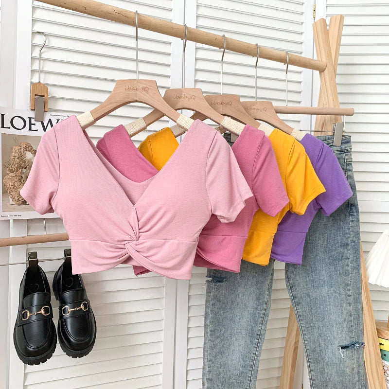 T Shirt  Woman Crop Tops Basic Short Sleeve Kawaii T Shirt Built In Bra Women Sexy Top Harajuku Korean Fashion
