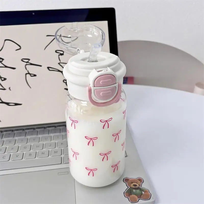 Cute Water Bottle with Straw Portable Plastic Pop-Up Cover Water Cup for Kid Kawaii Bottle Water Leak-Proof Cute Drinking Bottle