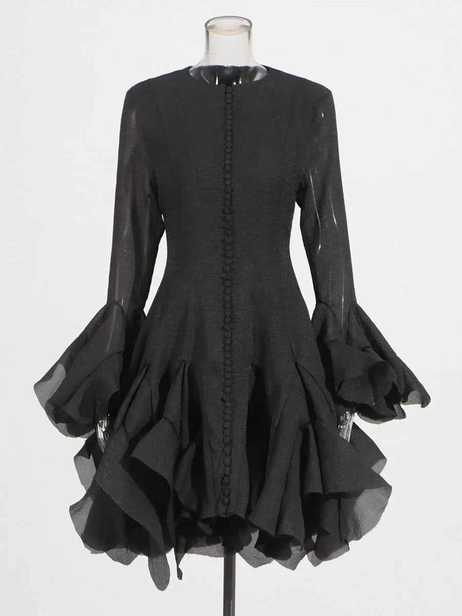 TWOTWINSTYLE Solid Spliced Button Slimming Dresses For Women O Neck Long Sleeve High Waist Patchwork Ruffles Female Fashion New