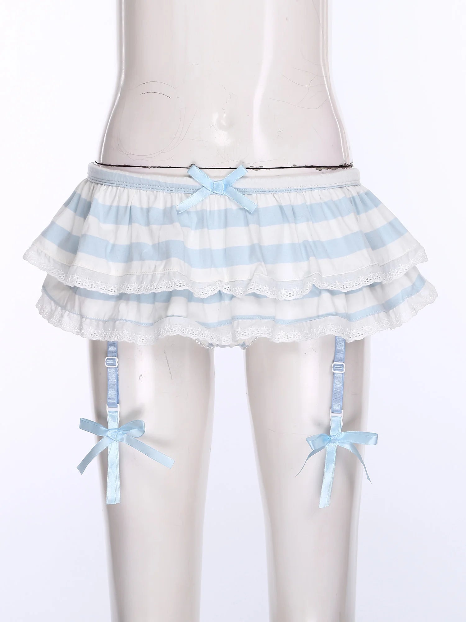 Women Anime-style Built-in Briefs Miniskirt with Garters Belt Culottes Cute Tiered Striped Hem with Lace Trim Bow Shorts Skirt