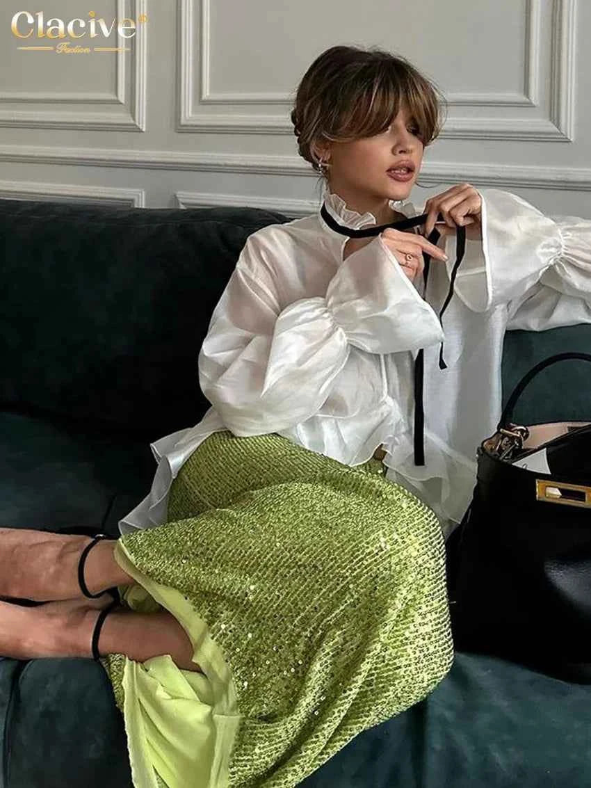Clacive Sexy Loose White Women'S Shirt 2024 Fashion Ruffle Collar Long Sleeve Blouses Elegant See Through Top Female Clothing
