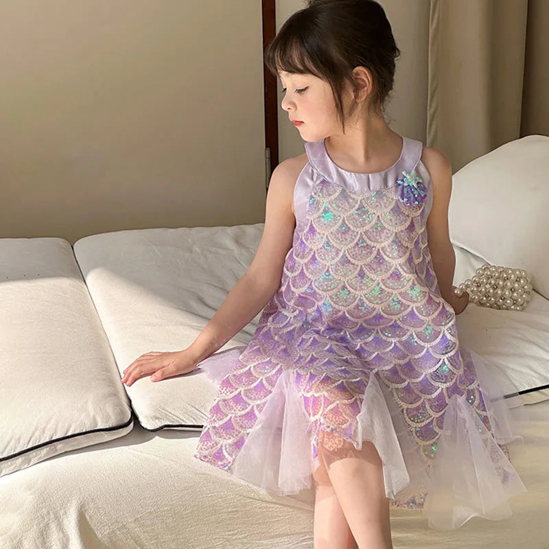 Girls Clothes Sequins Little Mermaid Fishtail Kids Dress Children Princess Dress For Prom Birthday Party Casual Holiday Costume