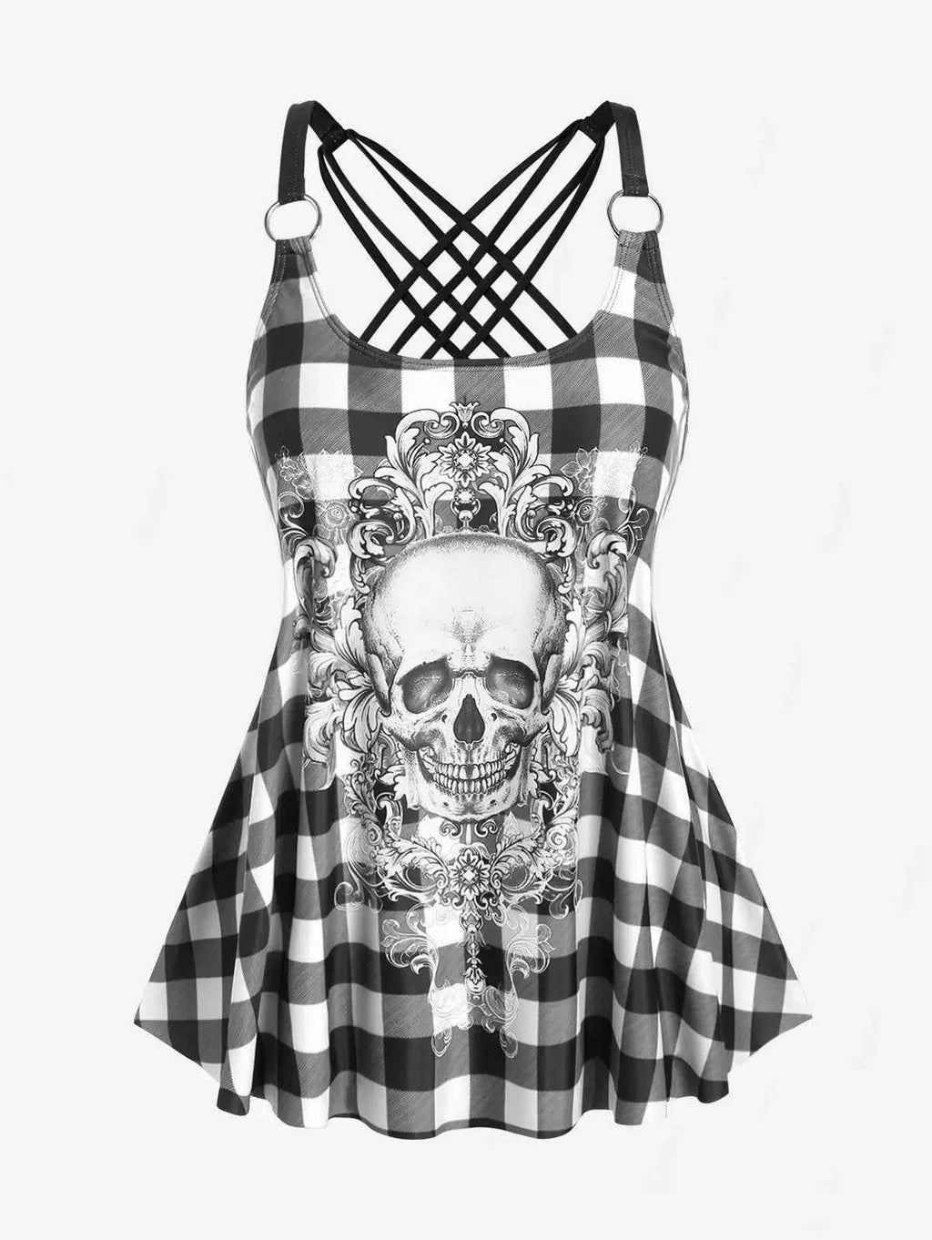 Rosegal Womens Tankini Swimsuit Set Plus Size Modest Skull Plaid Rings Crisscross Boyshorts Swimmwear