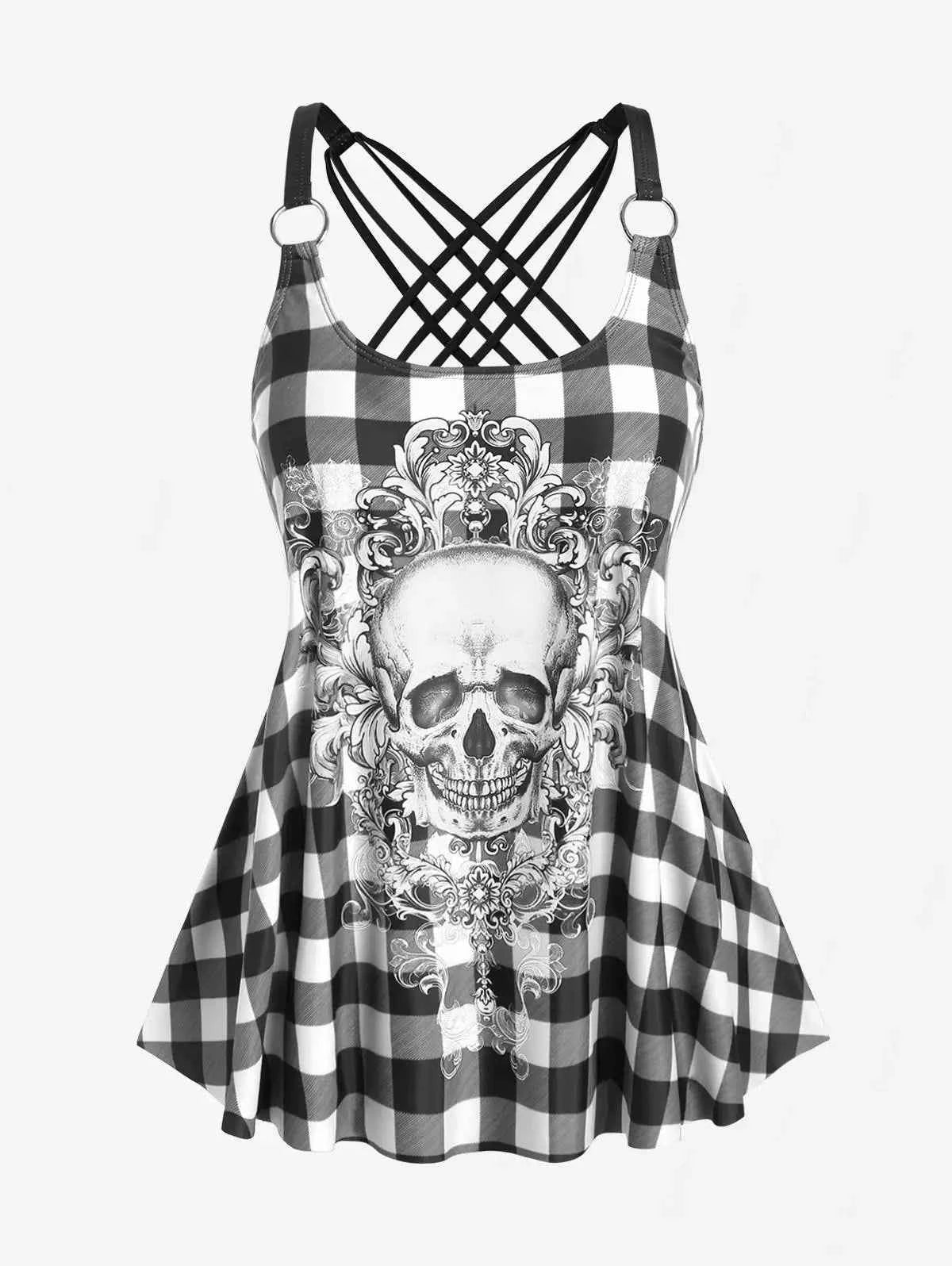 Rosegal Womens Tankini Swimsuit Set Plus Size Modest Skull Plaid Rings Crisscross Boyshorts Swimmwear