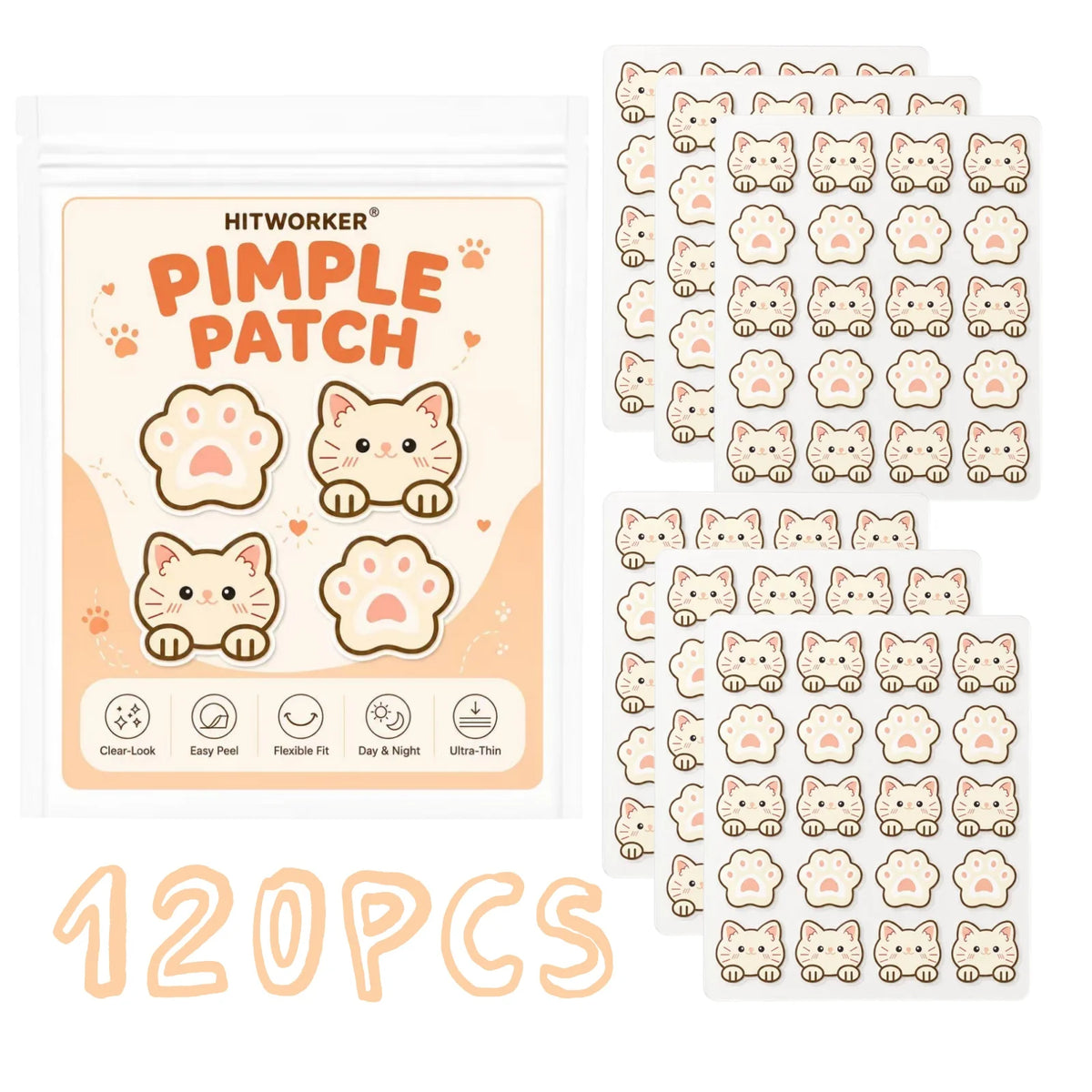 120pcsmao Color Cute Cat Pimple Patches – Clear, Flexible Acne Stickers