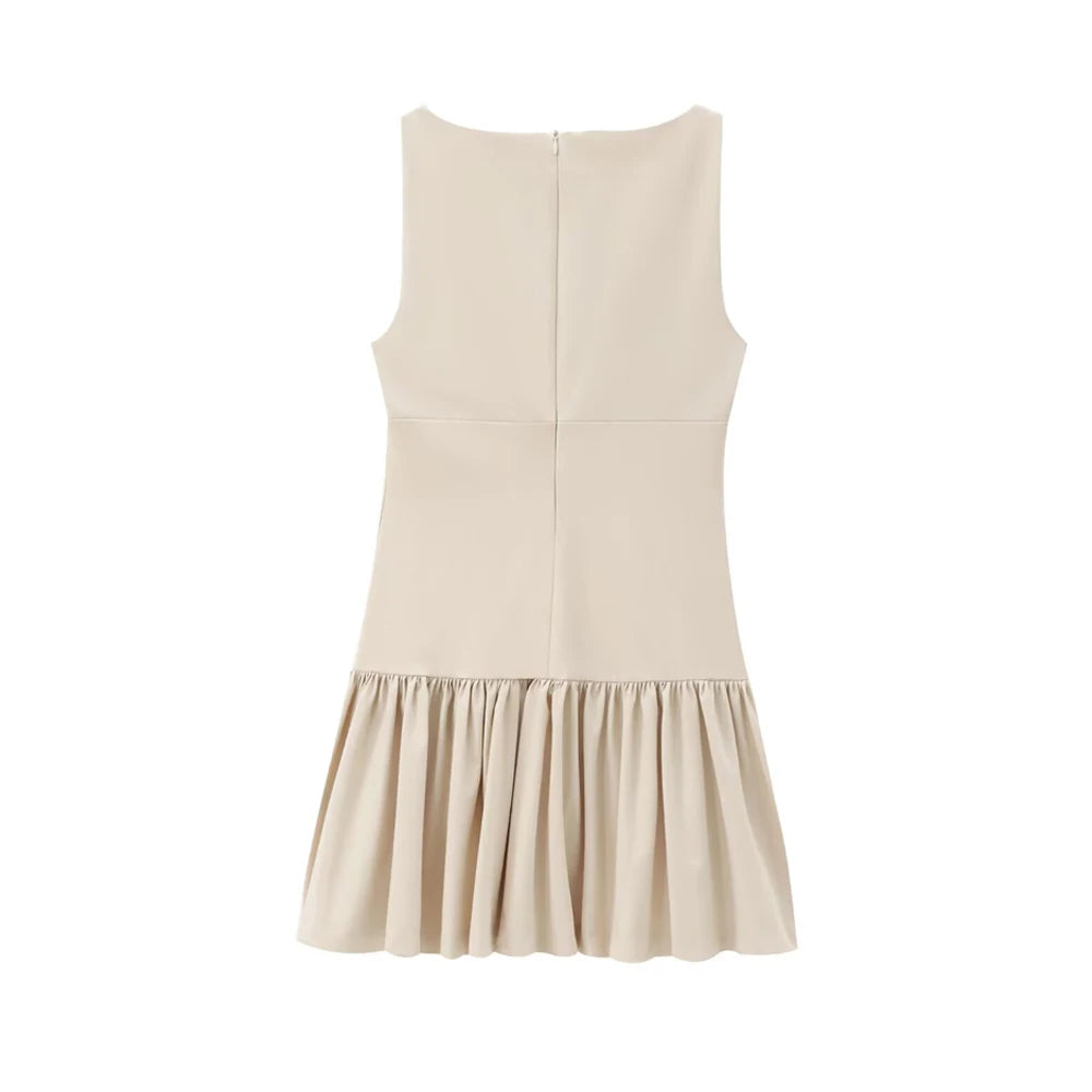 Women's Ruffled Mini Dress with Bows, O Neck, Sleeveless, Back Zipper, Female Dresses, Chic Fashion