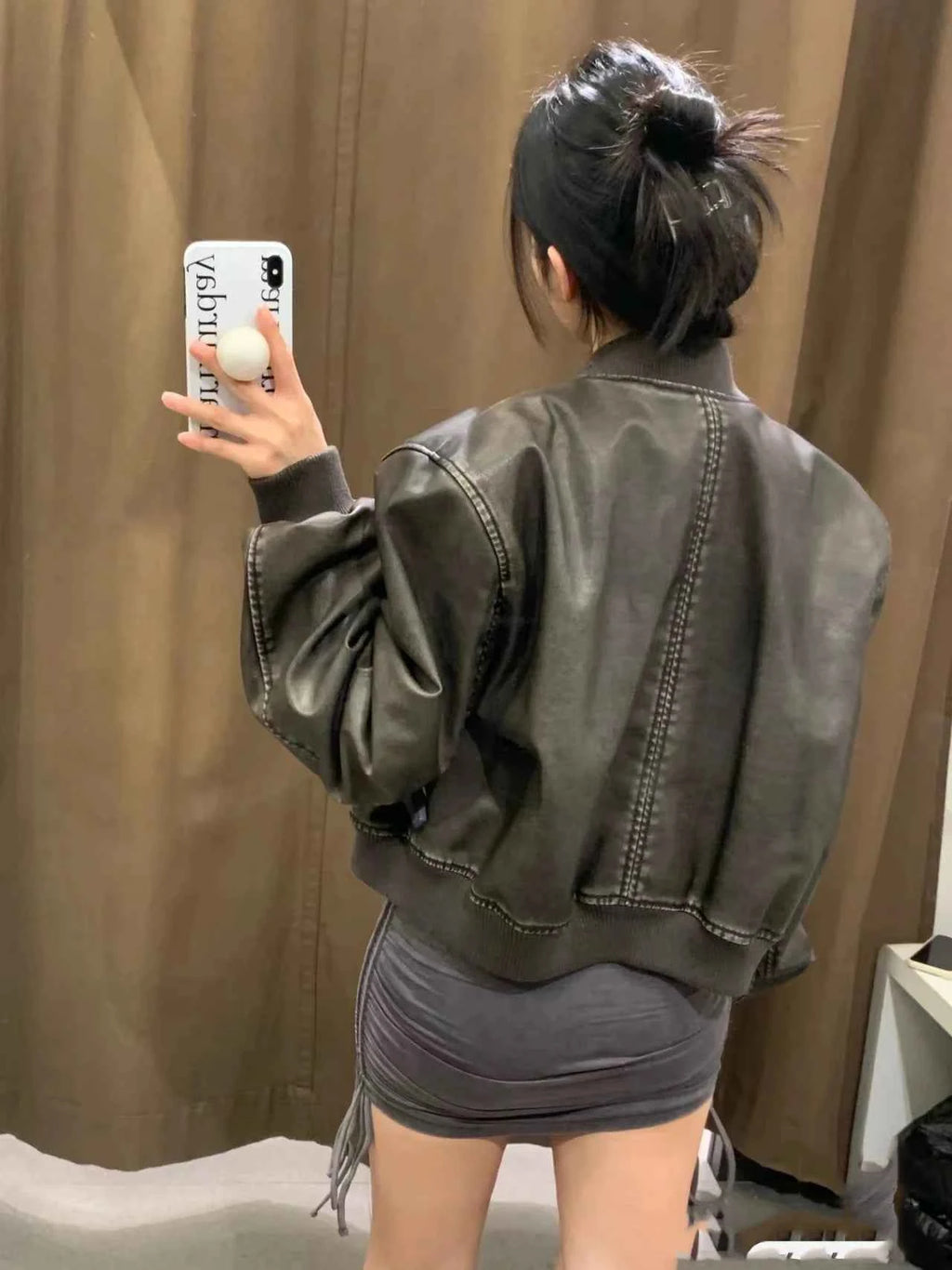 ZVRI Women's 2023 new vintage imitation leather bomber jacket coat top women's style