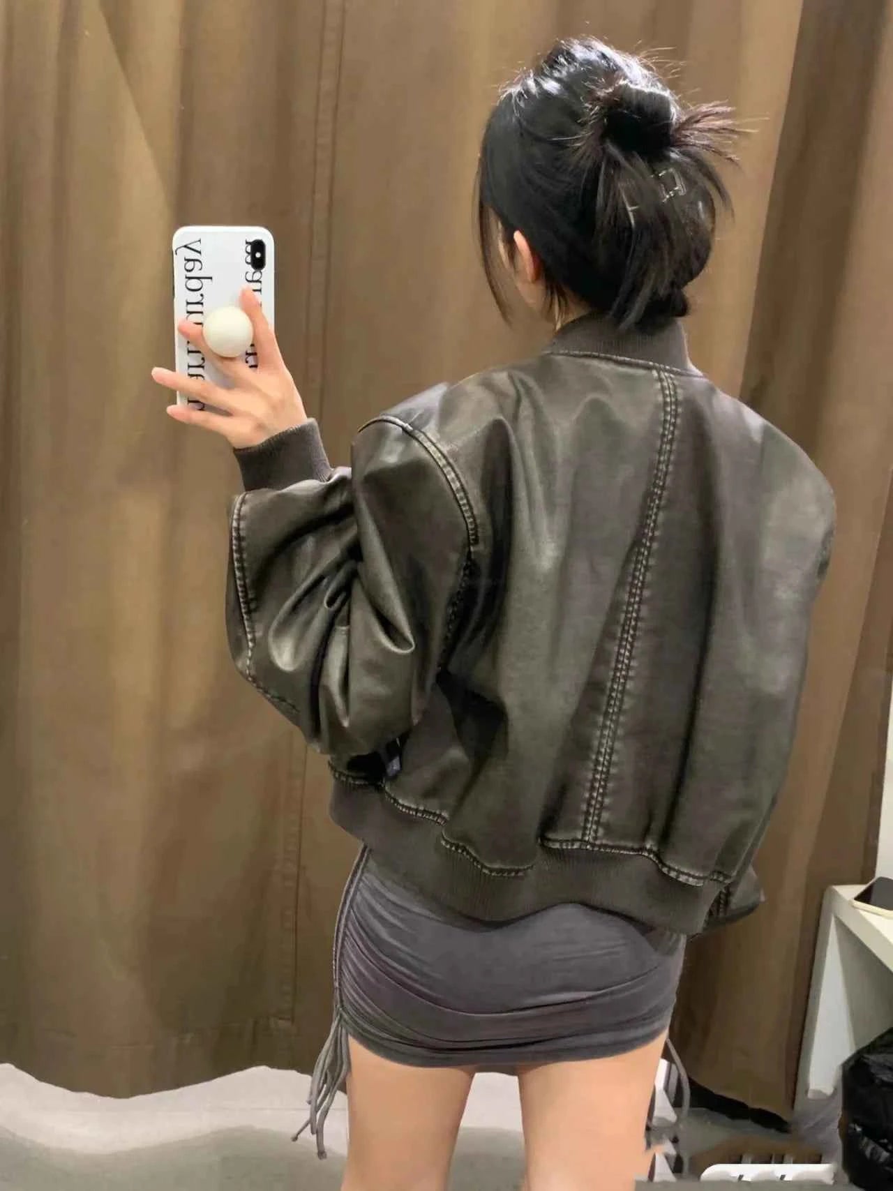 ZVRI Women's 2023 new vintage imitation leather bomber jacket coat top women's style