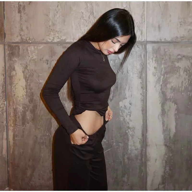 Women Top Pants Suit 2 Piece Sets Solid O-neck Long Sleeve Shirts Elastic Waist Trousers Female Outfits 2025 New Lady Tracksuit