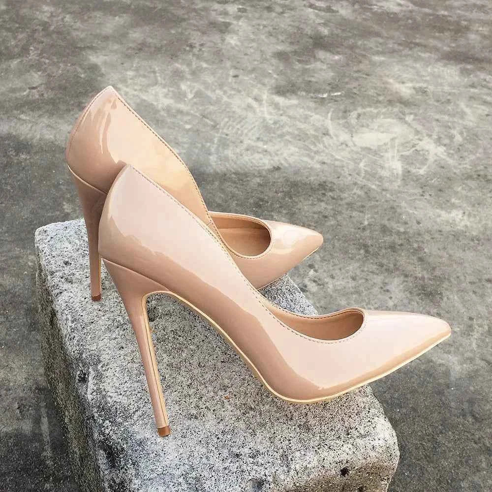 Tikicup Solid Nude Patent Women Pointy Toe Stiletto High Heels Slip On OL Wedding Party Dress Shoes Elegant Ladies Formal Pumps