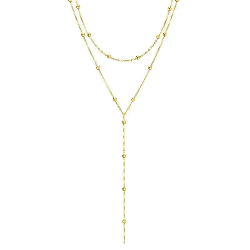 LATS Gold Color Double Layered Long Tassel Chain Necklaces for Women Simple Metal Geometric Bead Choker Necklace Fashion Jewelry