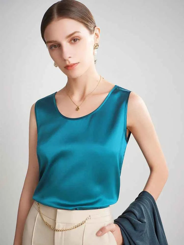 SuyaDream. Women Basic Cozy Tanks, 100%Real Silk, O neck Sleeveless Chic T Shirt, 2025 Solid Summer Vests, White, Pink, Beige
