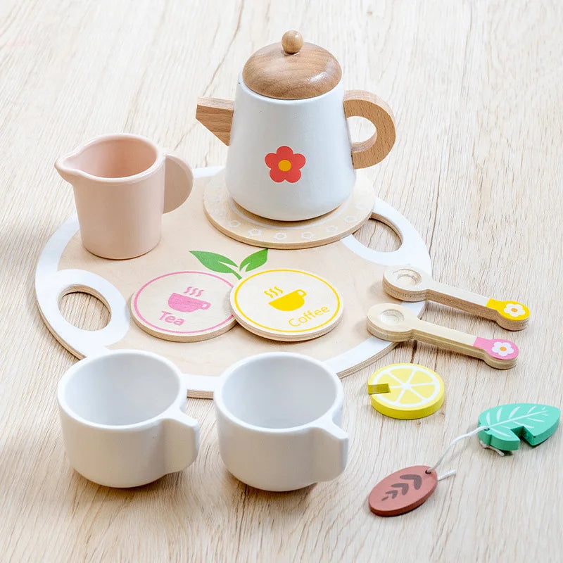 Kids Pretend Play Toys Popular Kids Kitchen Toys Realistic Wooden Tea Set Party Toy Set Children's Simulation Tea Set Gifts