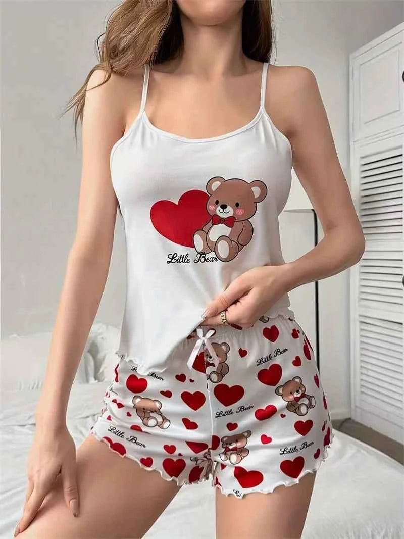 S M L XL Cute  Bear Love Peach Heart Printed Pajamas Set for Women's Loungewear Tops With Shorts Sleepwear Home Wear Clothes