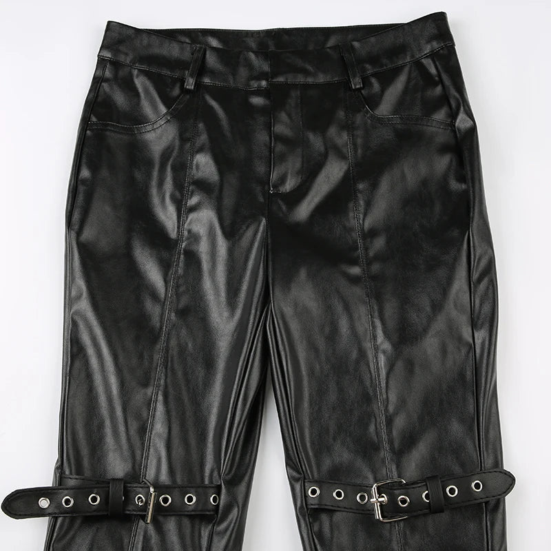 SUCHCUTE PU Leather Flare Pant Goth Buckle Lace Patchwork Pants Women Fashion Y2K Streetwear Vintage Aesthetics Casual Trouesrs