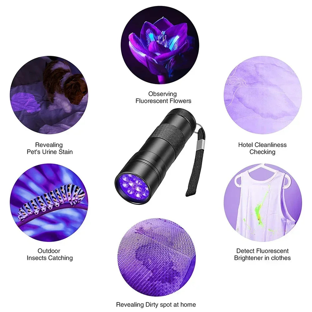 9/12 LED Protable UV Flashlight Black Light 395 NM Ultraviolet Torch Blacklight Detector for Dog Urine Pet Stain and Bed Bug