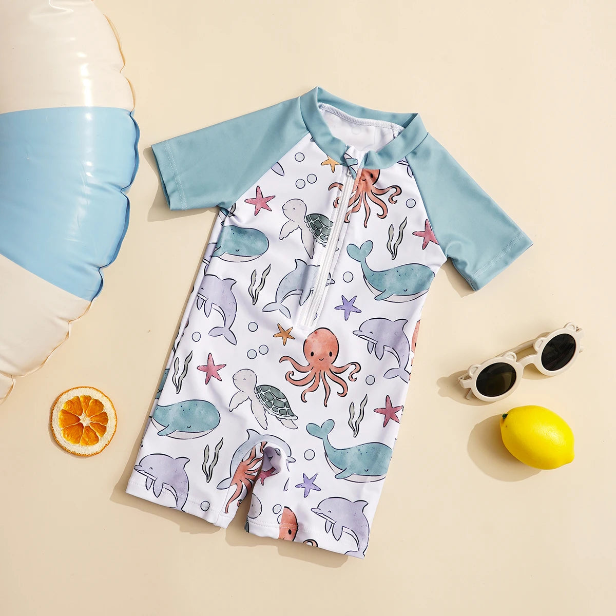 Happyflute Kids Short Sleeve One-Piece Swimsuit Quick Dry Toddler Summer Rash Guard with Shorts ，Sun Protection Suit