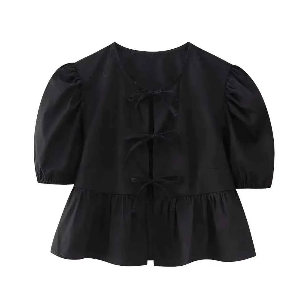 HH Fashion Solid Hollow Out Shirt Women Causal O Neck Short Sleeved Lace Up Tops Chic Female Casual Blouse Streetwear 2024