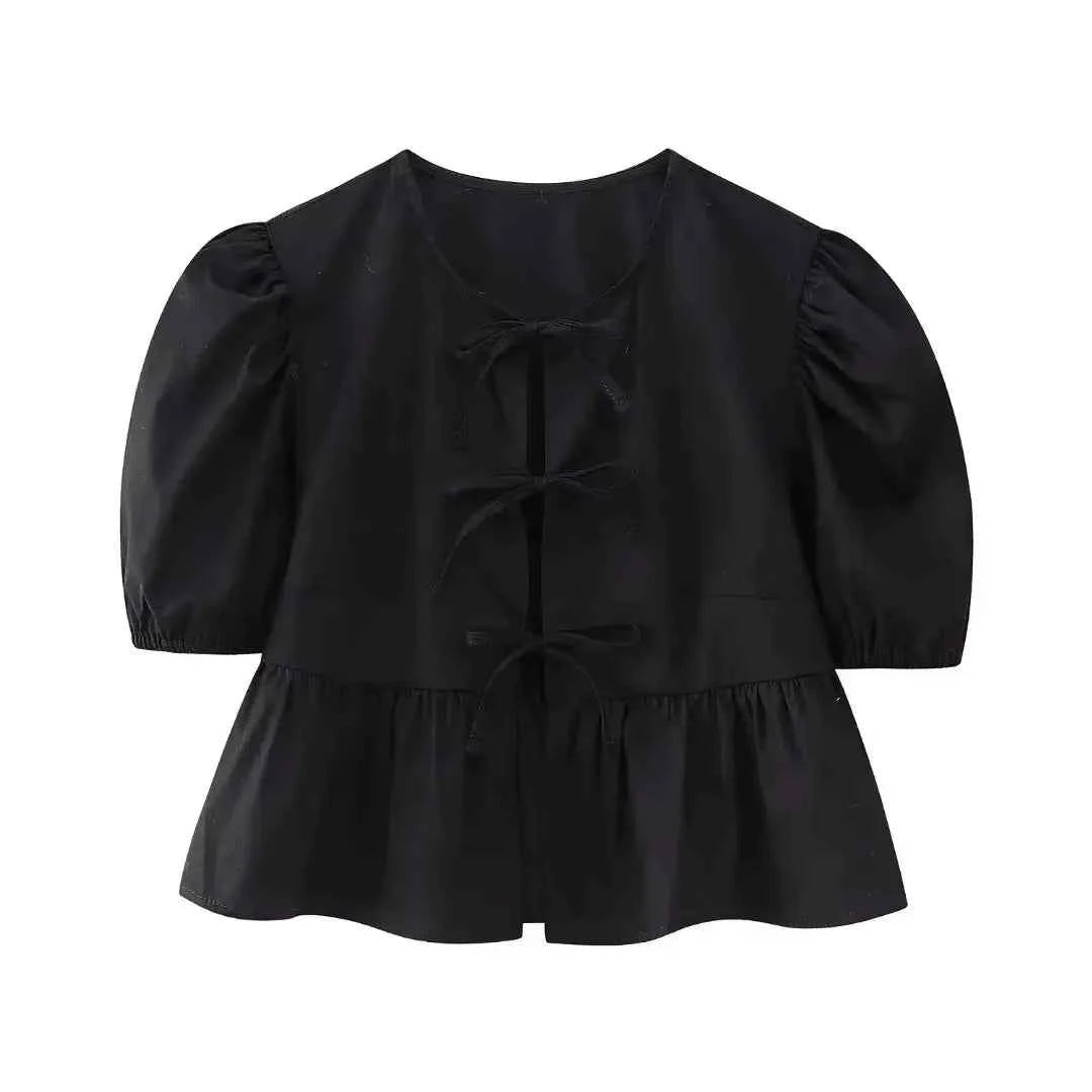 HH Fashion Solid Hollow Out Shirt Women Causal O Neck Short Sleeved Lace Up Tops Chic Female Casual Blouse Streetwear 2024